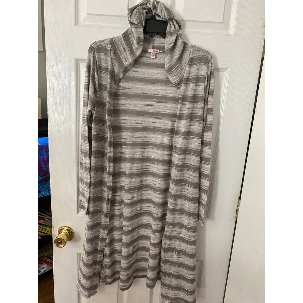 Bongo Womens Grey Striped‎ Hooded Duster Cardigan Open Front Long Sweater Large